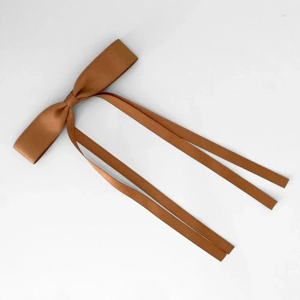 NWT Pretty Girls Long Hair Bows Satin Ribbon Clip on Kids Hair Accessory Carmel